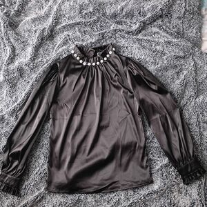 Vivid Pearl-Embellished Satin Blouse – Size Small (NEW w/ Tags)